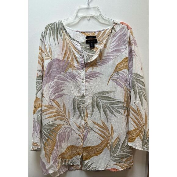 Tahari 100% linen tropical print button front tunic top size 1X. #37-1704 - Picture 1 of 5